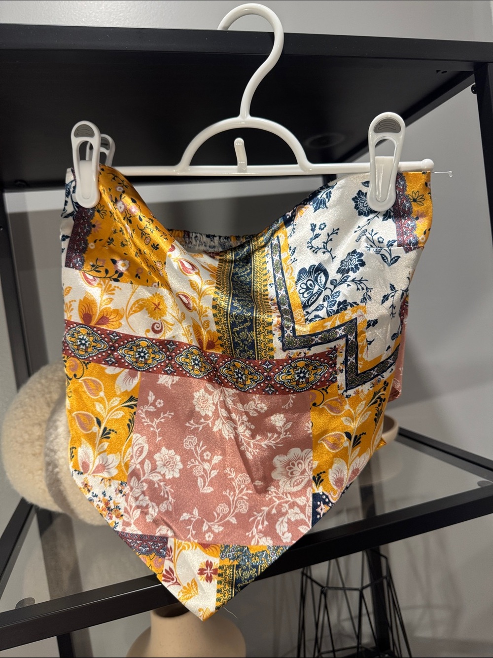196. Women’s Patchwork Satin Scarf top - Yellow Floral